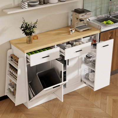 Buffet de rangement multifonctionnel avec porte coulissante et compartiment poubelle caché