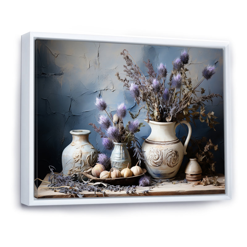 Thistle Farmhouse Still Life sur toile, Cadre flottant blanc, H 30 po x l 40 po