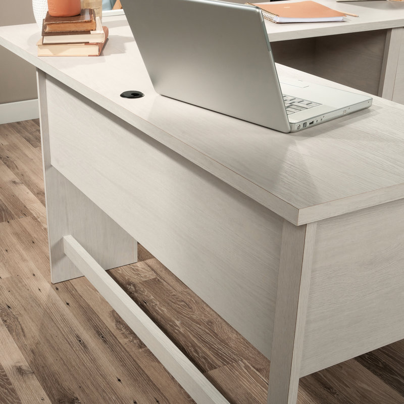 Bureau transitionnel en forme de L avec tiroir classeur, finition blanche, assemblage simple, taille compacte, tablette ouverte, idéal pour les séances d'étude