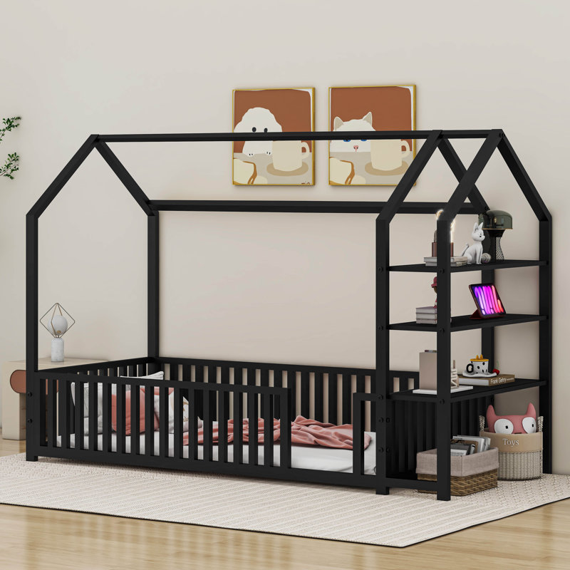 Metal House Bed With Detachable Shelves, Twin