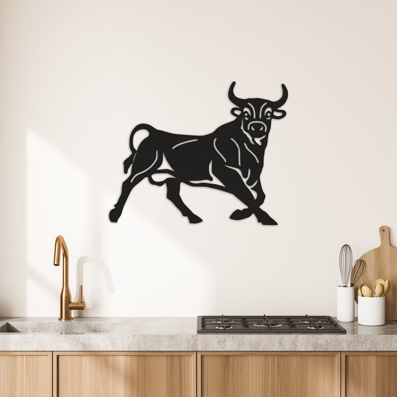 Décoration murale Bull avec lignes - Argent ACM (25,33 po x 32 po), Noir, H 25,3 po x l 32 po x P 0,25 po