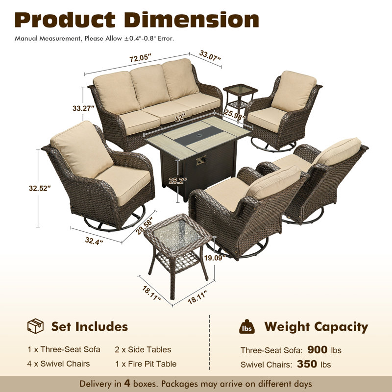 Cracraft 8-Piece All-Weather Wicker Patio Furniture Set With 42” Fire Pit Table, Deep Seating Sofa & Swivel Rocker Chairs For Backyard, Patio & Poolside Evenings
