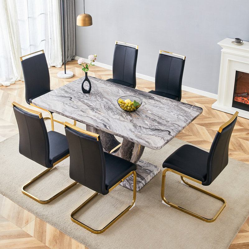 Ensemble de table de salle à manger moderne 63 po avec chaises en cuir de polyuréthane, base en panneau de fibres à densité moyenne en U