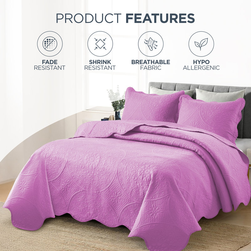 Elegant Floral Embossed Bedspread Set With Pillow Shams – Lightweight Quilted Bedding, Machine Washable, Lilac/Purple
