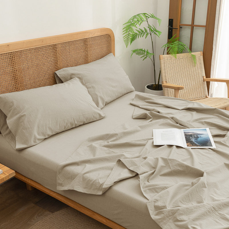 Drap-housse Bestouch 100% coton lin lavé, Lait d'amande, gris, Drap-housse grand