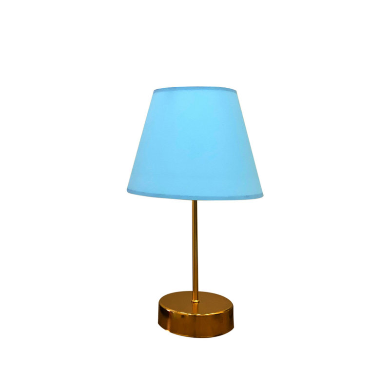 Élégante lampe de table bleue et dorée avec pied en métal, 14,2 x 8,7 pouces | Capuchon en polypropylène (6,7 po en haut, 8,7 po en bas) | 36 po de hauteur totale, 59 po de câble | Douille E27 (60 W maximum) | Certifié CE, solution d'éclairage de maison élégante