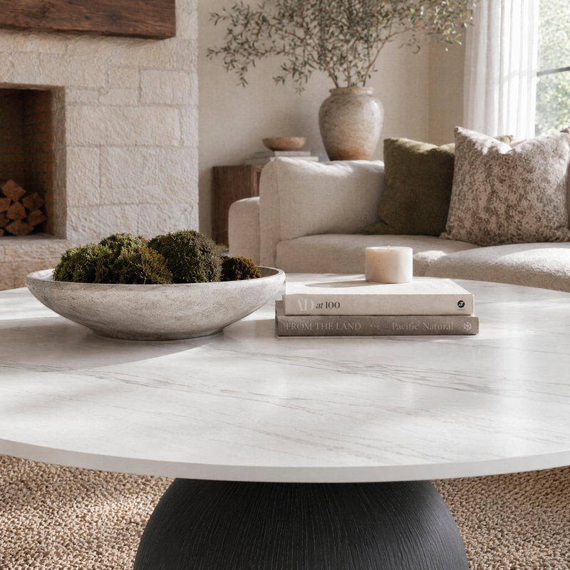 Meranda Round Stone Coffee Table With Walnut Solid Wood Pedestal For Living Room & Home Decor, Soft White, Charcoal Black