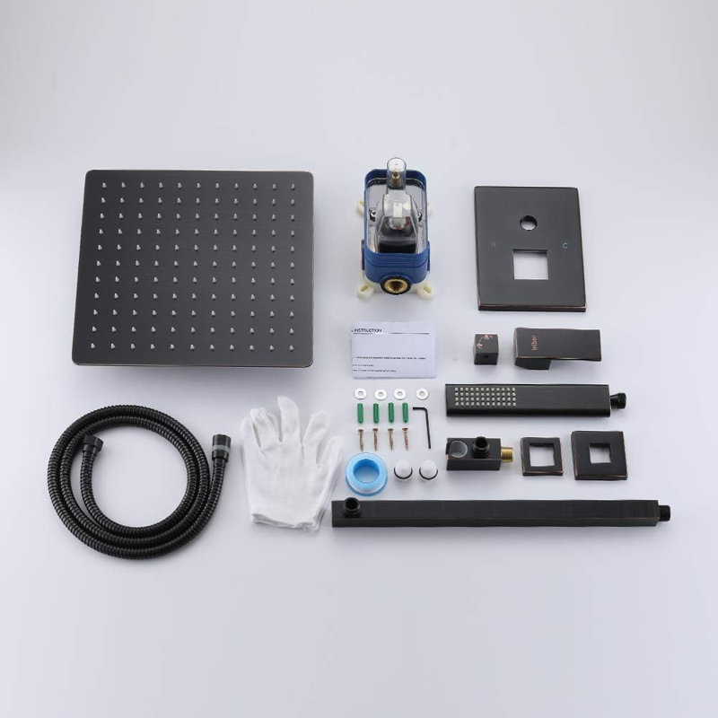 Oil Rubbed Bronze Shower System With 12 Inch Square Rainfall Shower Head And Handheld Spray, Wall Mounted Shower Faucet Set With Mixer Valve And Trim Kit, Concealed Installation Design