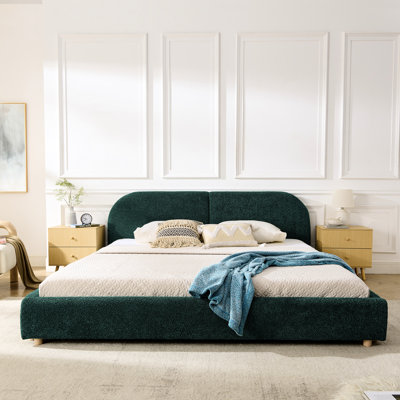 King Size Upholstered Bed Frame In , Modern American Style, Tall Curved Headboard, Circle Fabric, Leg Support For A Couples' Space Of Legs Setup