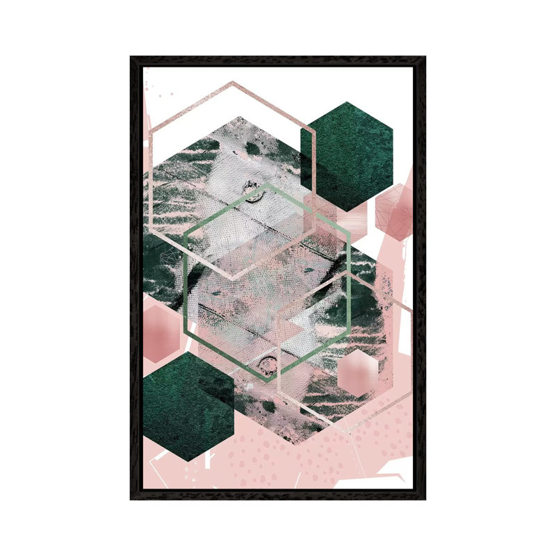Pink Green Geo Hex 1 Piece Wall Art on Canvas, 152.5 cm H x 101.5 cm W, Black Framed