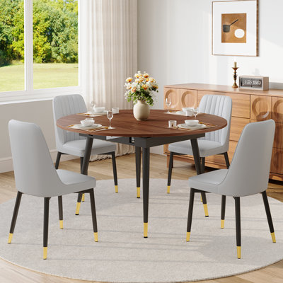 53" Extendable Dining Table Set For 6, 7-Piece Self Storing Leaf Round To Oval Kitchen Table With 6 Faux Leather Chairs, Gold-Tipped Legs For Small Spaces