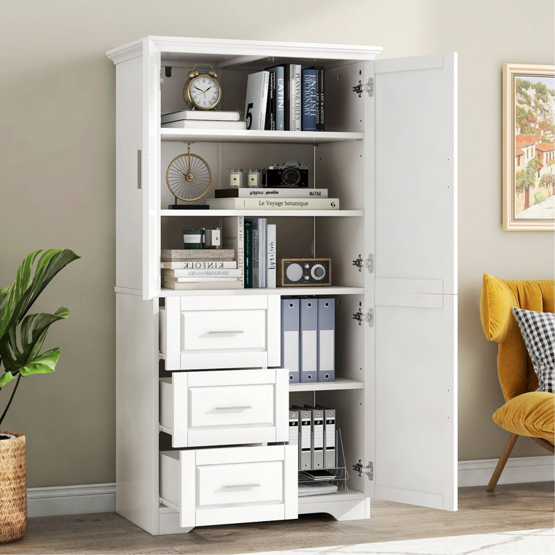 Wooden Frame Cabinet, Tall Storage Cabinet With Doorsand Three Drawers For Bathroom, White