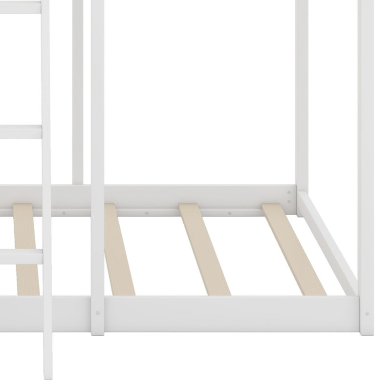 Wood Bunk Bed With Roof, Window, Guardrail, Ladder, White
