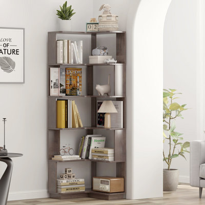 Bibliothèque en coin à 6 niveaux en L, support de rangement ouvert autoportant avec panneaux anti-chute et dispositif anti-basculement, bibliothèque à grain de bois brun foncé pour bureau à domicile