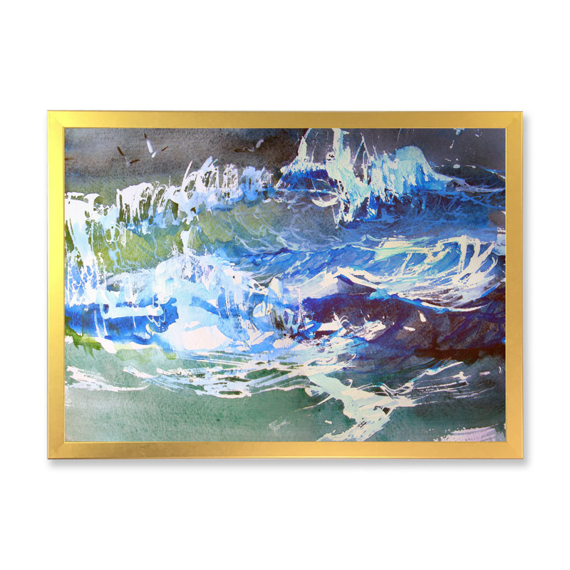 Tempête dans l'océan - reproduction d'art sur toile nautique et côtière, H 12 po x l 20 po x P 1 po, Encadrement doré