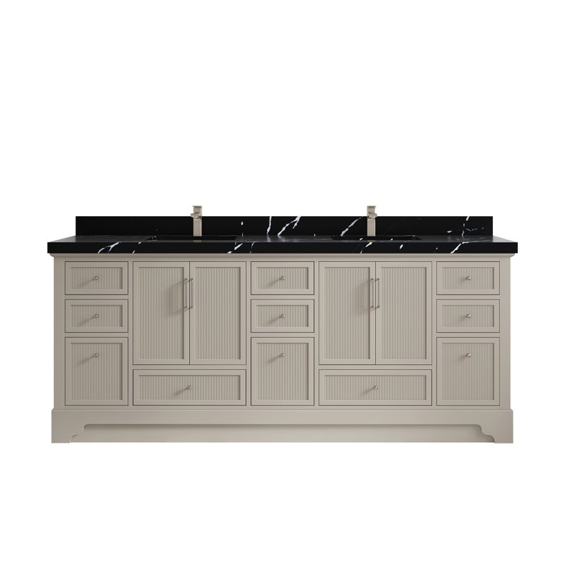 Alys 84 Double Bathroom Vanity with Top (Knobs Option), Calacatta Black