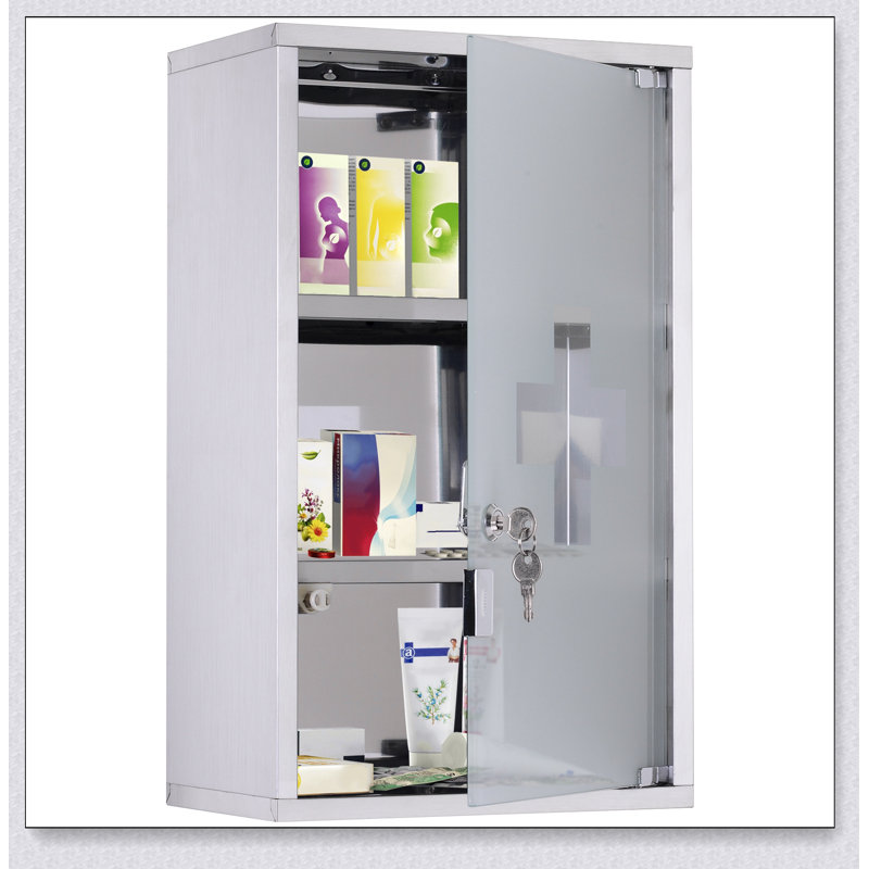 Armoire à pharmacie murale sécurisée avec trois étagères et mécanisme de verrouillage pour une organisation optimale du rangement de la salle de bain