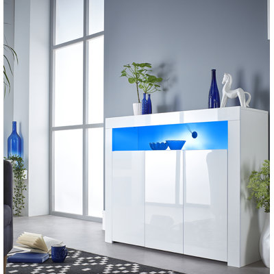 Aube White 3 Door Sideboard Storage Cabinet Buffet with Lights . Glossy 