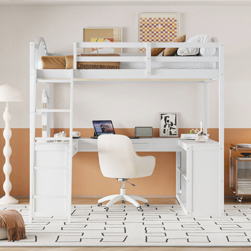 Lit mezzanine double en bois avec bureau en U, compartiments de rangement et miroir à trois volets