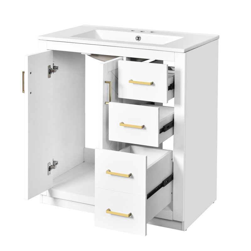 Meuble-lavabo de 30 po avec lavabo en céramique, structure en bois massif, charnières à fermeture en douceur, 3 tiroirs, rangement spacieux, motif de rainure unique, glissière de tiroir lisse, poignées en métal exquis de style rétro