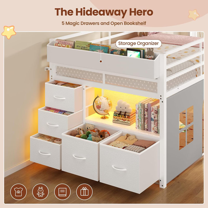 Low Loft Bed Twin Size With Tent, 5 Storage Drawers, Led Lights, Metal Kids Loft Bed With Bookcase & Under-bed Play Space,twin Loft Beds With 13.8''h Safety Guardrail,inclined Ladder