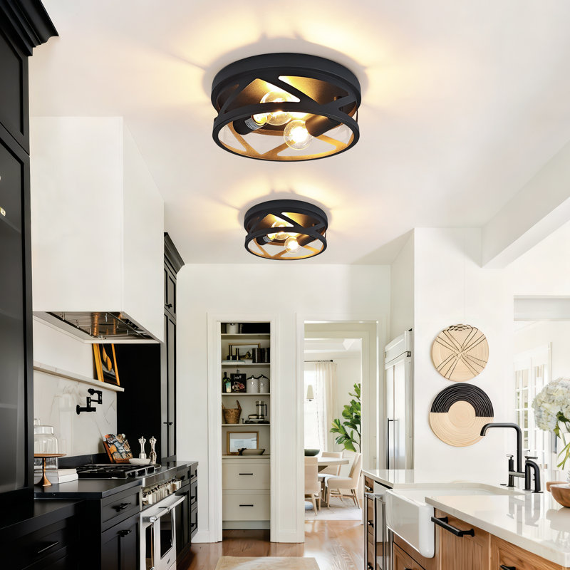2-Light Industrial Flush Mount Ceiling Light, Black Metal Cage Drum Fixture, E26 Base, Modern Farmhouse Close To Ceiling Lighting For Hallway, Bedroom, Kitchen