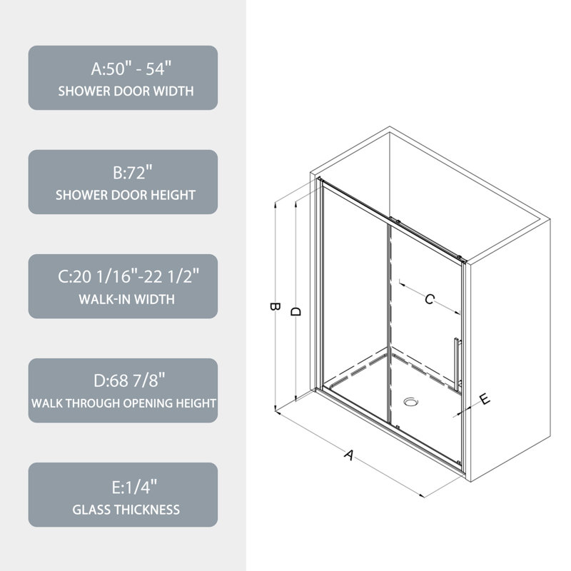 Matte Black 54"W x 72"H Sliding Shower Door with Stainless Steel Handle