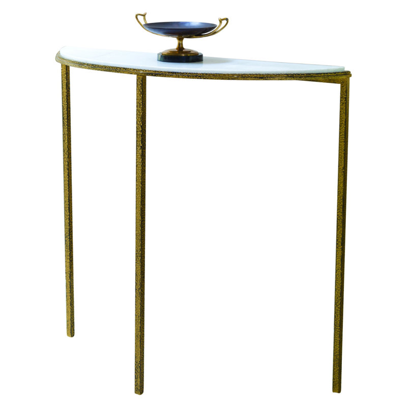 Hammered Gold Demilune Console with White Marble Top