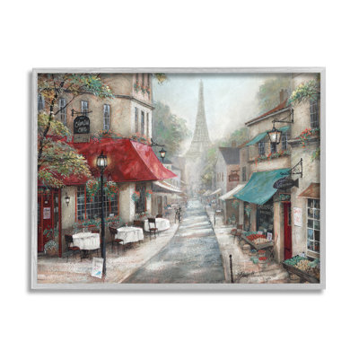 Rue parisienne, campagne traditionnelle, bistro, architecture, maison de campagne grise, surdimensionnée, estampe numérique encadrée, art texturé par Ruane Manning