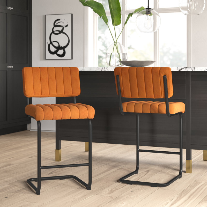 Estes Upholstered Stool with Metal Frame, Cognac Velvet, Counter Stool (24" Seat Height)
