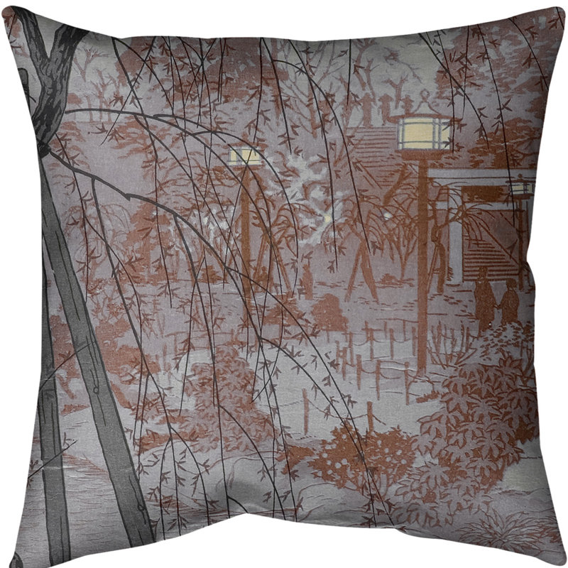 Coussin Misty Evening at Shinobazu Pond, 18 po x 18 po, Rouge, Faux lin