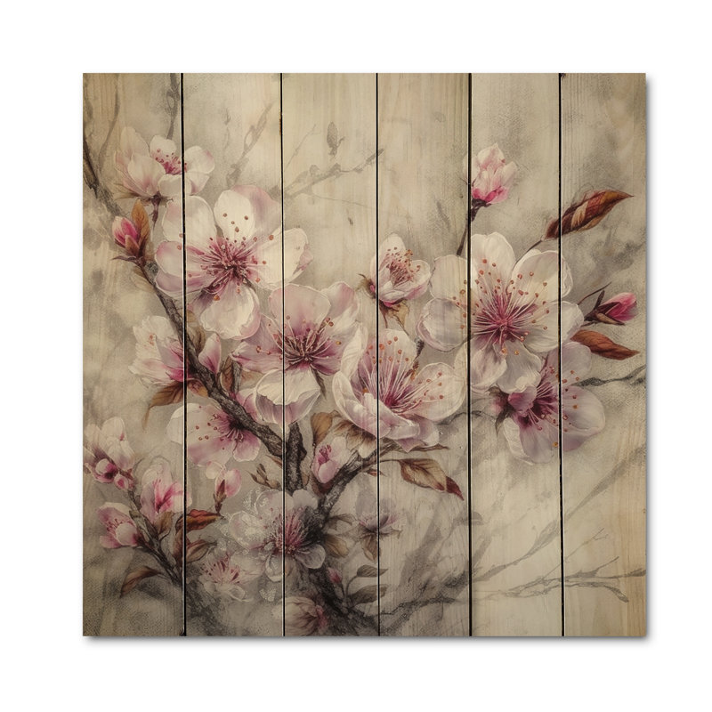 Fleur de cerisier rose II sur bois, H 15 po x l 15 po x P 0,78 po