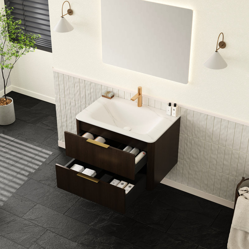 Lavabo à pression en pierre frittée blanche avec meuble-lavabo flottant de 30 po, armoire en contreplaqué avec tiroirs, contreplaqué multicouche, système de tiroirs à fermeture douce