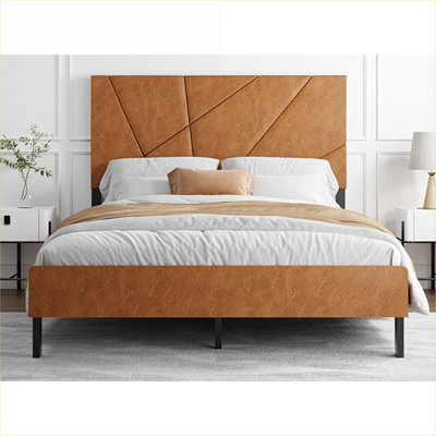 Vintage Square Full Double Size Upholstered Platform Bed, Metal MDF Construction, No Box Spring Required, Classic Brown