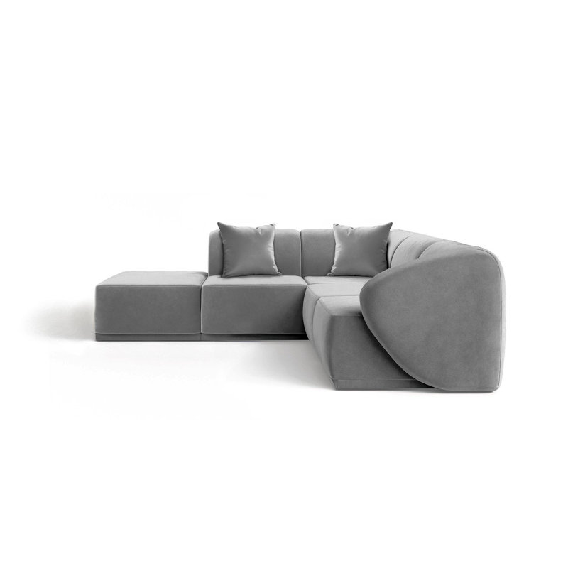 5 Seater Velvet Sofa & Chaise, Grey Velvet, Left Hand Facing