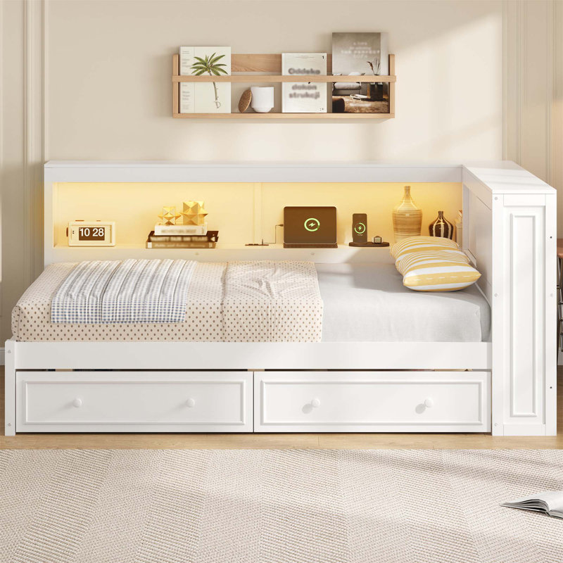 Full Size Wood Daybed With Storage Shelves, USB, LED, And 2 Drawers, Ideal For Modern And Functional Living Spaces, White