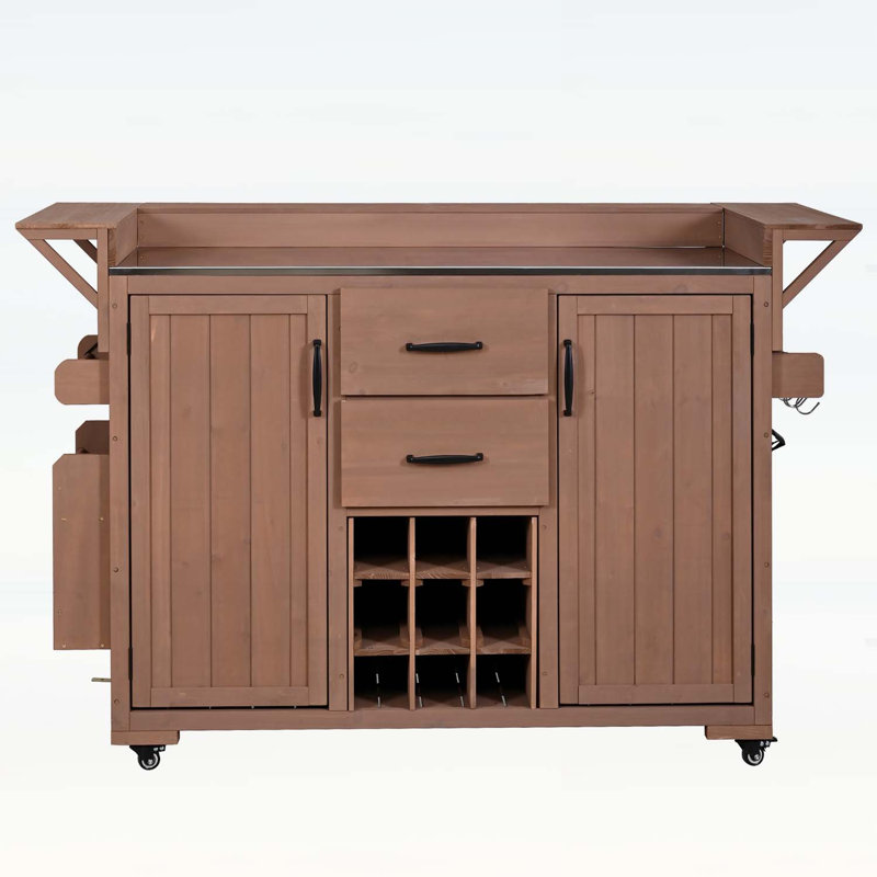 Outdoor Kitchen Island with Wheels,Rolling Patio BBQ Cart with Stainless Steel Top and Multiple Storage Options, Brown