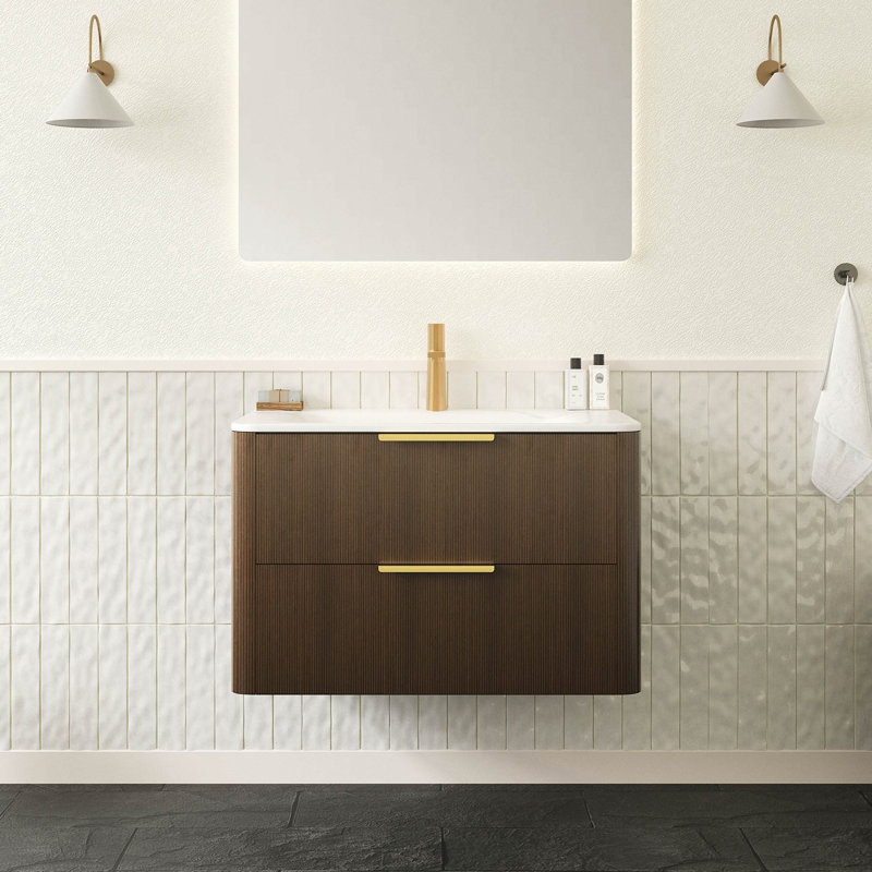 Meuble-lavabo 30 avec lavabo, armoire de rangement flottante en contreplaqué ultra-rayé avec tiroirs, lavabo intégré en pierre frittée intégrée, pré-assemblé