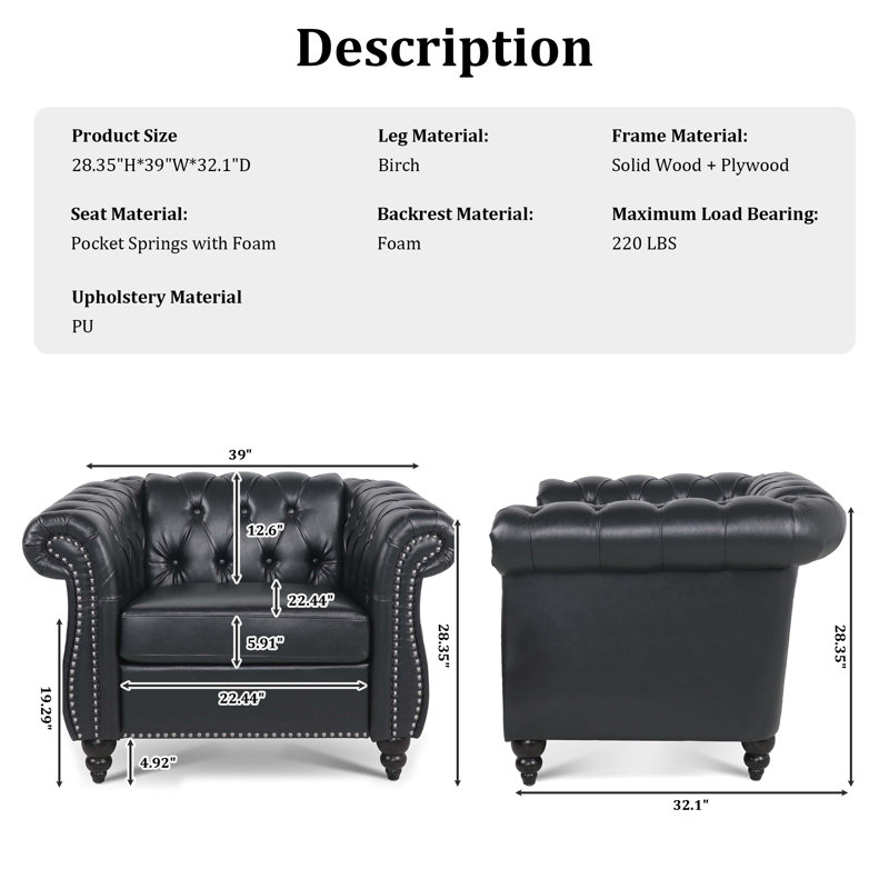 Fauteuil Chesterfield l 39 po Fairport, Similicuir noir