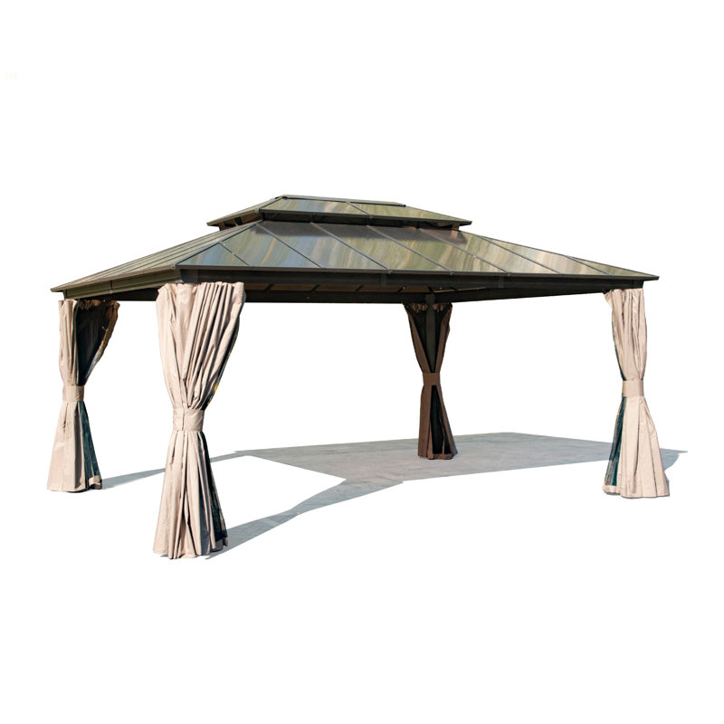 12X16ft Hardtop Gazebo, Permanent Outdoor Gazebo With Polycarbonate Double Roof, Aluminum Gazebo Pavilion With Curtain And Net For Garden, Patio, Lawns, Deck, Backyard(Brown)
