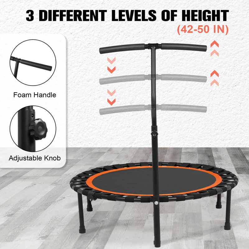 Mini trampoline pliable de 50 po pour adultes, trampoline de rebond à l'élastique intérieur / extérieur de 330 lb avec poignée en mousse réglable en forme de T, équipement d'exercice stable et silencieux pour la gymnastique à domicile