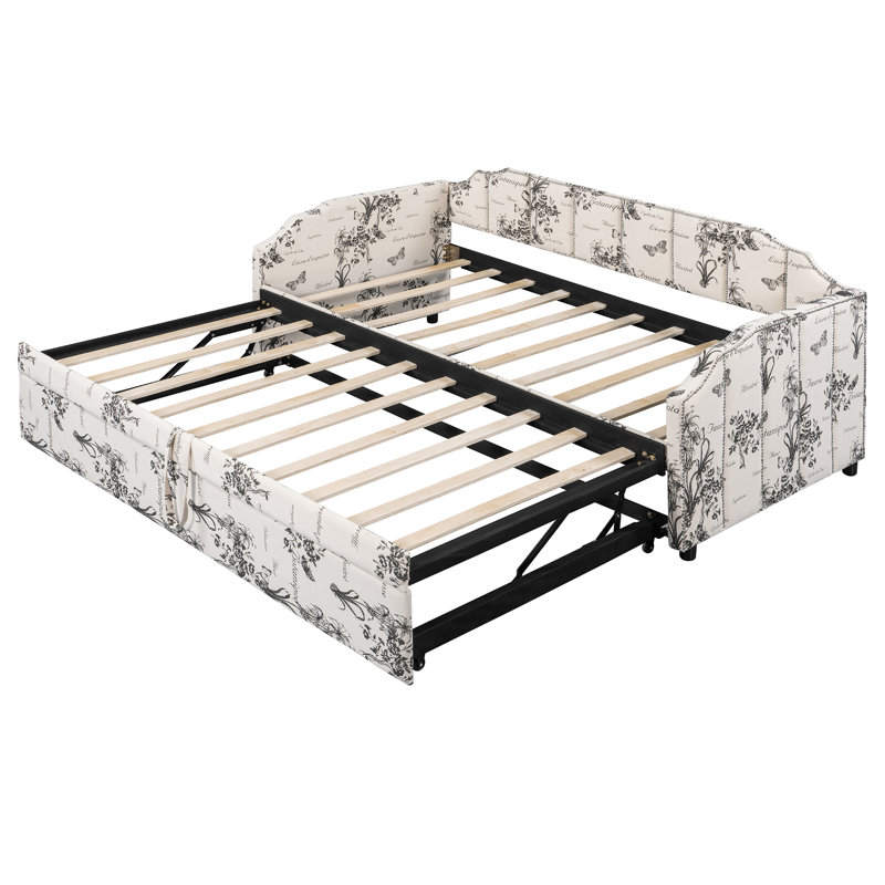 Upholstered Daybed with Pop-Up Trundle & USB Charging Ports, White Tossed Botanical