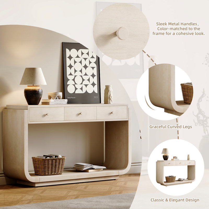 Console antique, 3 tiroirs, pieds courbés, placage de paulownia pour le vestibule - beige