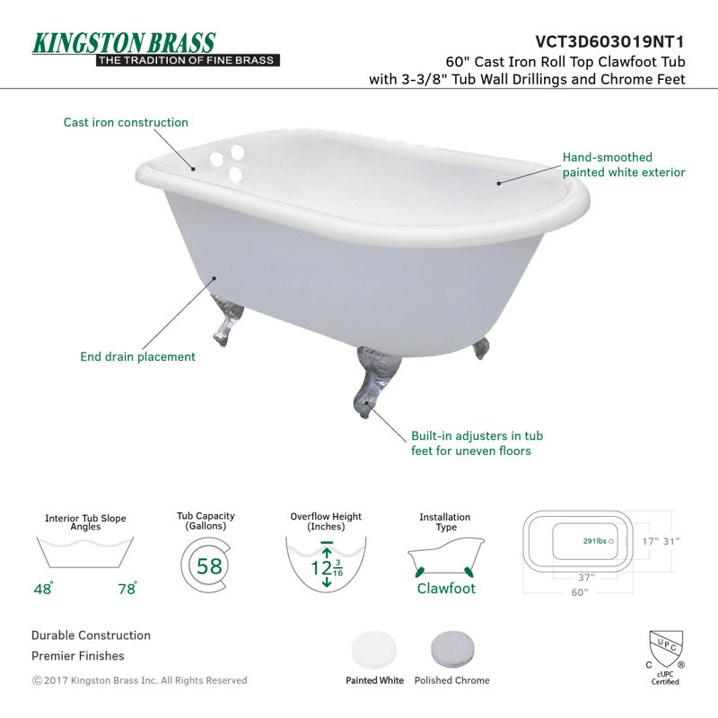 Kingston Brass Aqua Eden 60-Inch Cast Iron Oval Rectangular Roll Top Clawfoot Tub (3-3/8-Inch Wall Drillings)