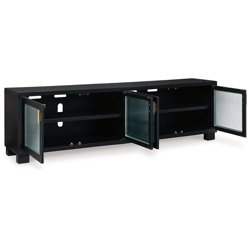Winbardi Black 85" TV Stand with Glass Doors and Cabinets