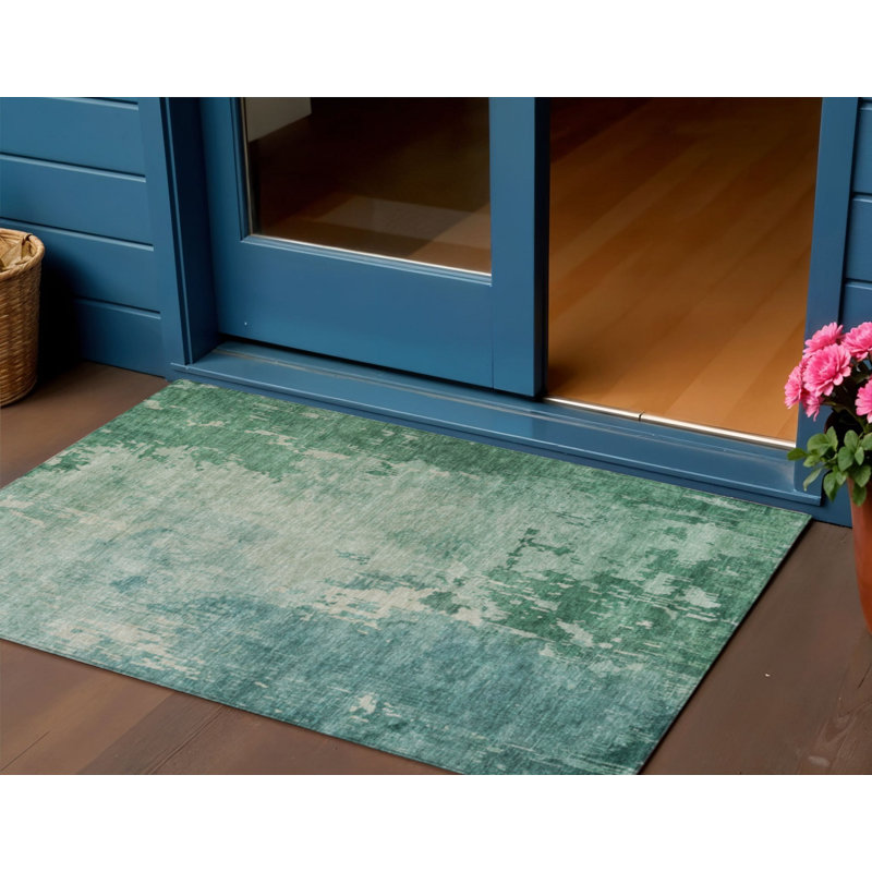3' X 5' Emerald Abstract Washable Indoor Outdoor Area Rug
