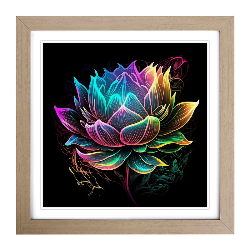 Lotus Flower Neon Art - Framed Print, Oak