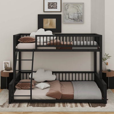 Floor Bunk Bed Frame With Ladder And Safety Guardrails