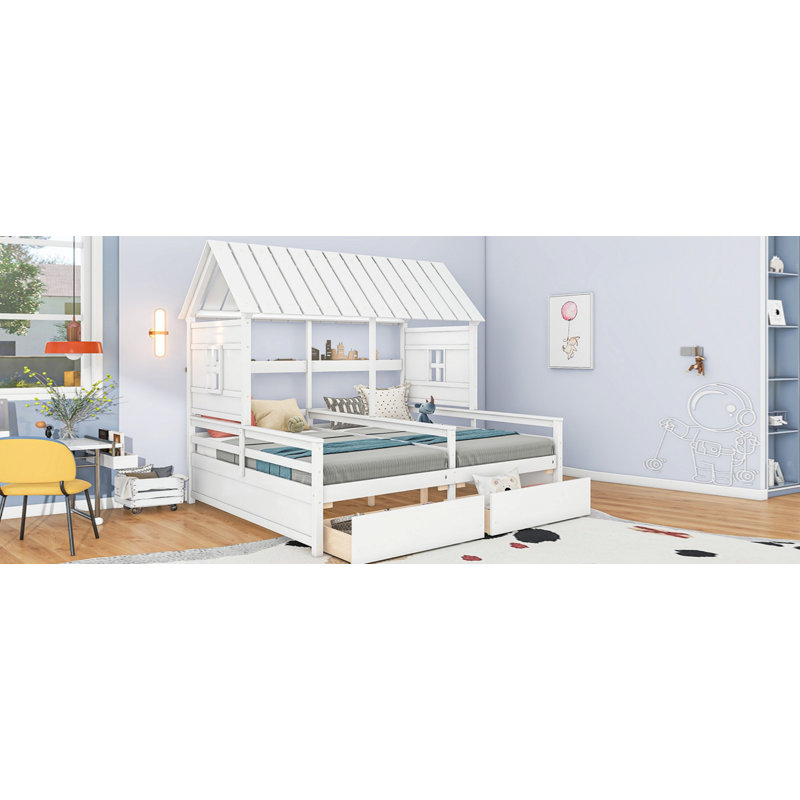 Structure de lit House, lit plateforme avec deux tiroirs de rangement, Blanc