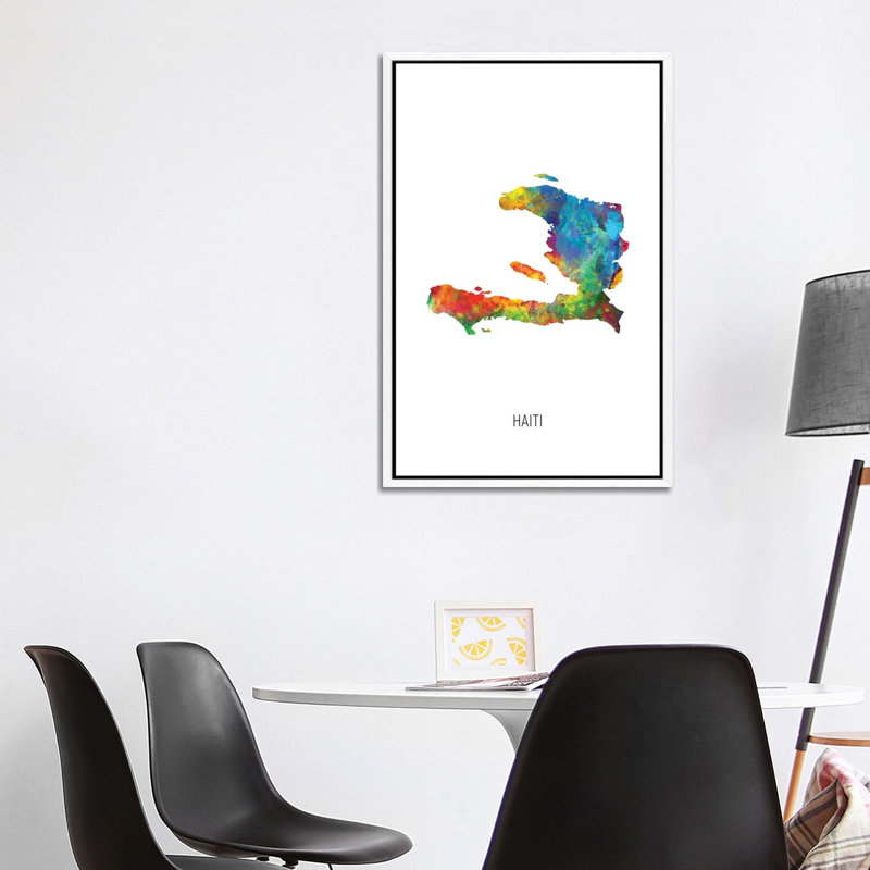 Haiti Map by Michael Tompsett - Print on Canvas, 101.6cm H x 66.04cm W x 3.81cm D, White Floater Framed